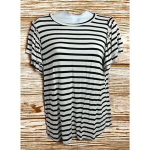 Green Envelope Black and White Striped Blouse Sz Small Flutter Short Sleeve Top